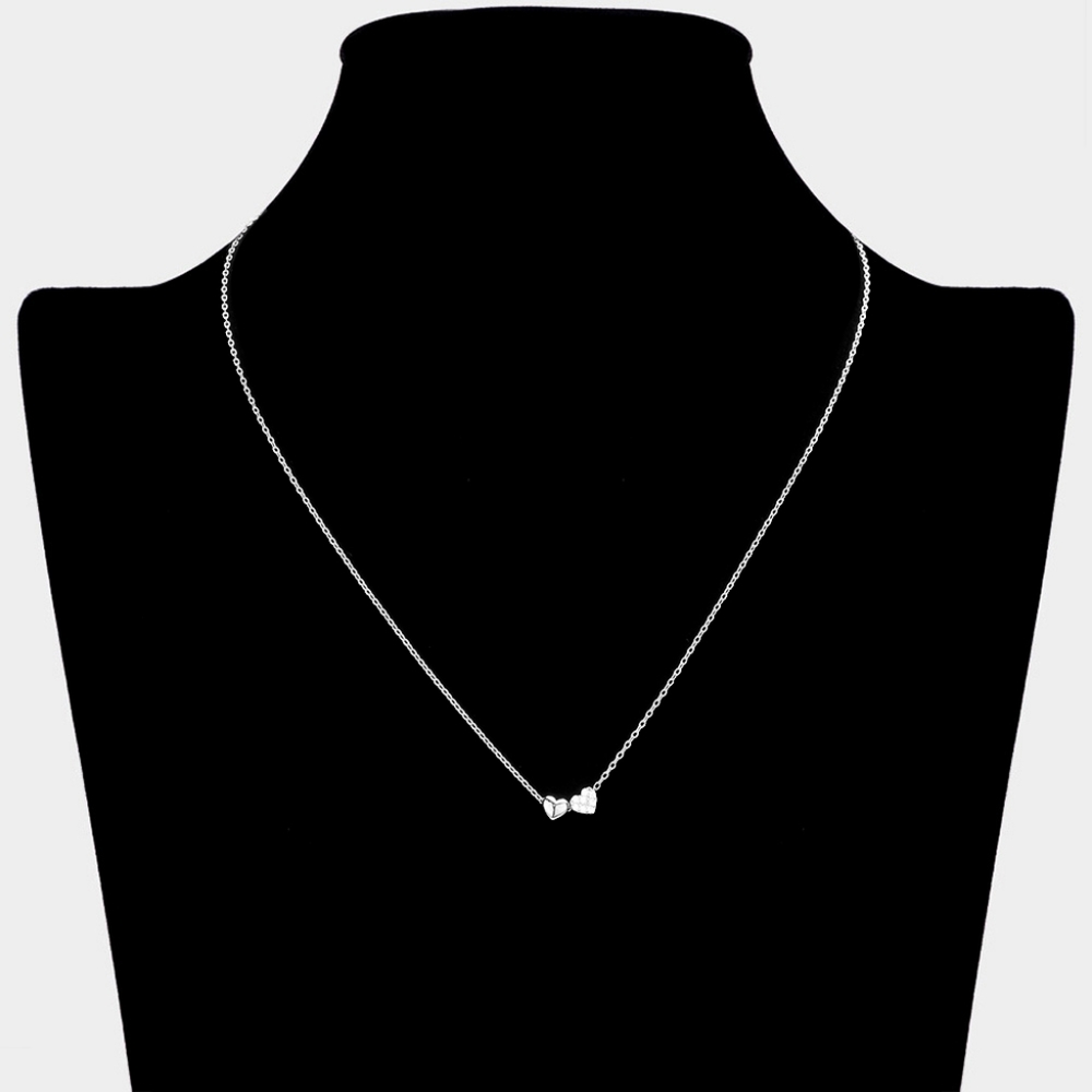 Silver Rhinestone Double Heart Dainty Pendant Necklace - Picture 2 of 3